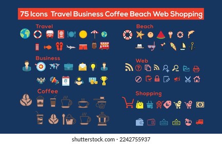 Travel, Business, Coffee, Beach, Web and Shopping vector set designs. Modern vector icon design template