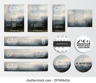 Travel Business Corporate Identity With Adventure Outdoor Design. Branding Your Camp Company. Brochure. Mock Up. Best For Advertising Campsites, Mountain Camp Adventure Sites, Magazine. Vector