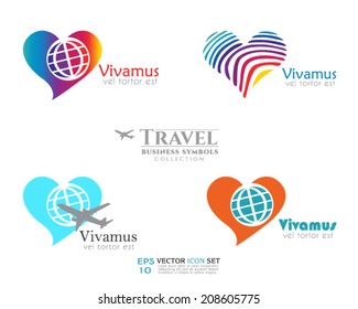 Travel business icon set vector template. Symbols of love to travel & diverse opportunities opening while traveling, global love. Brand visualization. Business symbol set. Sample text. Editable.