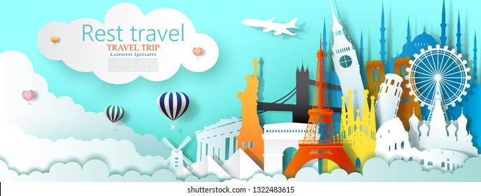 Travel business landmarks tourism world famous architecture by balloon, Tour culture landmark world with panorama view, Popular capital, Origami  paper cut for travel postcard, Vector illustration.