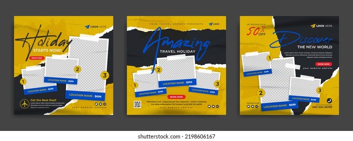 Travel business marketing social media banner post template. Travelling, tour or tourism online promotion flyer. Summer beach holiday web poster with abstract paint brush stroke, agency logo and icon.