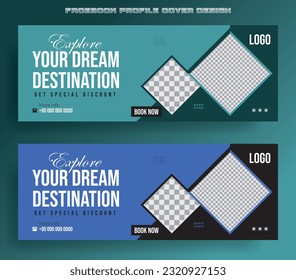 Travel business promotion facebook or web banner template design for social media. Traveling, tourism or summer holiday tour online marketing flyer, post or poster with abstract graphic background .