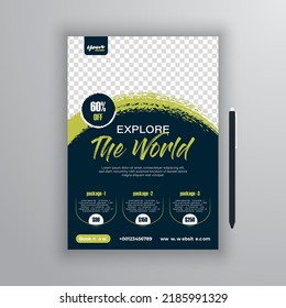 Travel business promotion flyer template design. Holiday, Summer travel and tourism flyer with brush worked brochure for travel agency. 