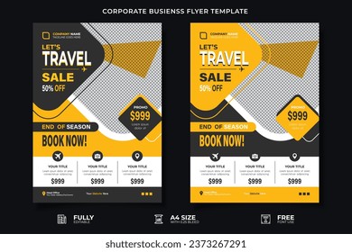 Travel business promotion flyer template design for travel agency. Travelling, tourism or summer holiday tour online marketing flyer, post or poster with abstract graphic background and logo.