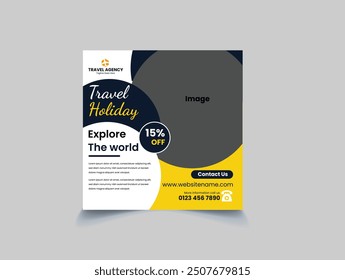 Travel business promotion web banner template design for social media. Travelling, tourism or summer holiday tour online marketing flyer, post or poster with abstract graphic background and logo.