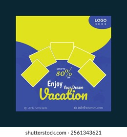 Travel business promotion web banner template design for social media. Travelling, tourism or summer holiday tour online marketing flyer, post or poster with abstract graphic background