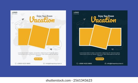 Travel business promotion web banner template design for social media. Travelling, tourism or summer holiday tour online marketing flyer, post or poster with abstract graphic background