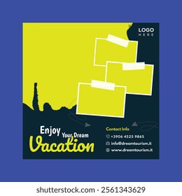 Travel business promotion web banner template design for social media. Travelling, tourism or summer holiday tour online marketing flyer, post or poster with abstract graphic background