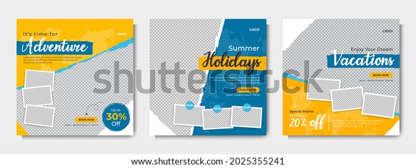 Travel business promotion web banner template\
design for social media. Travelling, tourism or summer holiday tour\
online marketing flyer, post or poster with abstract graphic\
background and logo.