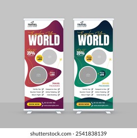 Travel business stand rollup design moderne zakenreis bewegwijzering pullup tour pakketten intrekbare een banner sjabloon