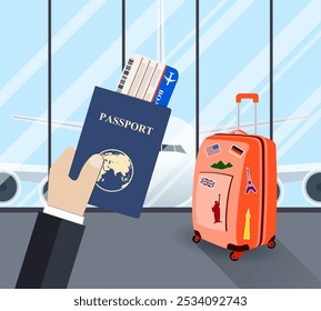 Conceito de viagem de negócios. Empresário com passaporte e cartão de embarque no aeroporto com mala e um avião em segundo plano. Ilustração vetorial em design plano. conceito de viagens e férias