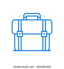 
Travel and business trip vector line icon. Tourist suitcase as symbol of vacation and holiday tour. World journey by plane and train preparation for booking and departure for commercial trip.