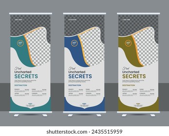 Travel or business use with this universal roll-up banner template. Design a vertical brochure with mountains and a field, with a place for photos and information. Vector illustration. Set