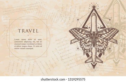 Travel. Butterfly and air plane. Renaissance background. Medieval manuscript, engraving art 