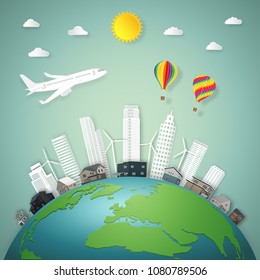 The travel by airplane and hot air ballooons over buildings cityscape and houses on green world in the morning as business, nature, eco, earth day and paper art craft style concept. vector illustrati