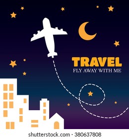 Travel by airplane illustration. City night sky. Travel agency brochure template.