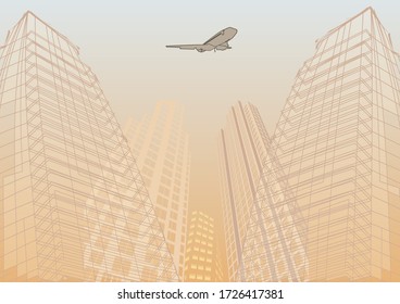 travel by airplane. illustration of airplane flying over sketch of building