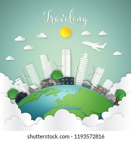 Travel by airplane over modern buildings cityscape and houses on green world in the morning as business, nature, eco and love earth day concept. vector illustration of paper art and craft style.