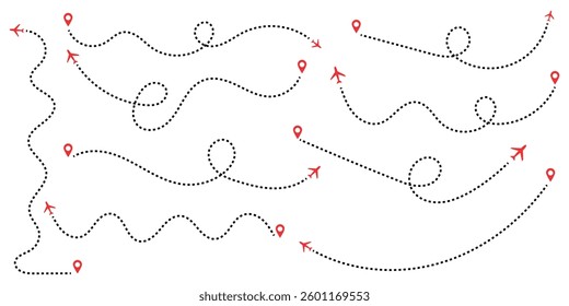 Travel by airplane. Plane route with start and finish points. Path travel line shapes. Flight route with start point and dash line trace for plane