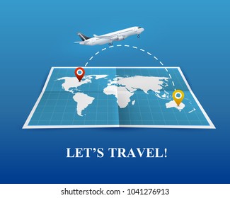 Travel by airplane realistic composition on blue background with world map and flight route, vector illustration 