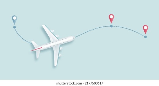 Travel by airplane realistic top view composition with route and location marker. Vector illustration