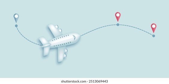 Travel by airplane realistic top view composition. Realistic 3d plane icon isolated on blue background. Travel flight route symbol design template. Vector illustration