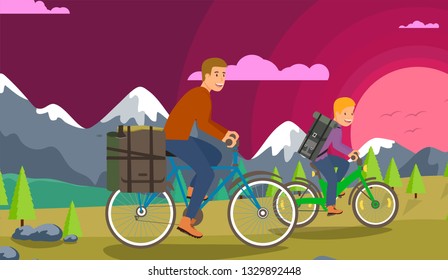 Travel by Bike with Children Best Time in Life. Flat Vector Illustration. Son Rides in Front Father on Green Bicycle on Shoulders Cooler Bag. Son Rejoices Together Time With Father.