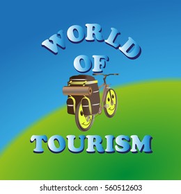 Travel by bike. The world of tourism. Vector image. Symbol, emblem, icon for computer games, book illustrations, screen savers website or blog.