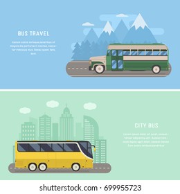 Travel by bus illustrations with modern city bus driving on downtown and retro coach on highway trip. Vector exploration concept backgrounds and banners.