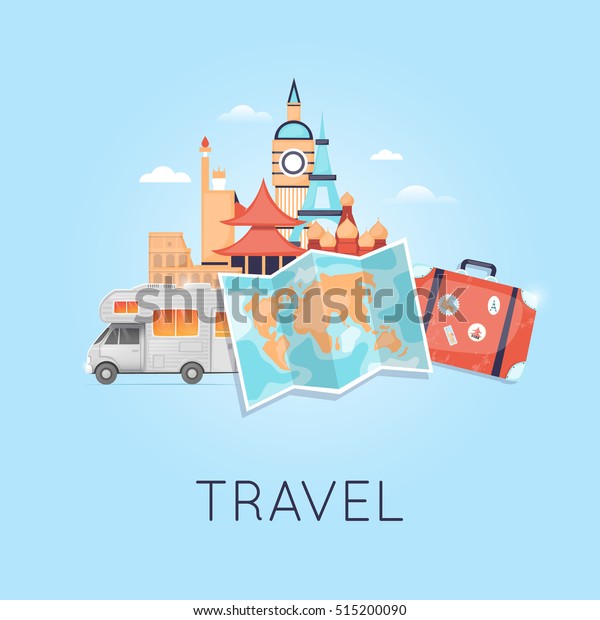 Travel by camper\
Russia, USA, Japan, France, England, Italy. World Travel. Planning\
summer vacations. Summer holiday. Tourism and vacation theme. Flat\
design vector\
illustration.