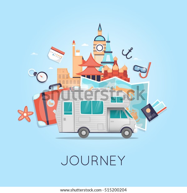 Travel by camper\
Russia, USA, Japan, France, England, Italy. World Travel. Planning\
summer vacations. Summer holiday. Tourism and vacation theme. Flat\
design vector\
illustration.
