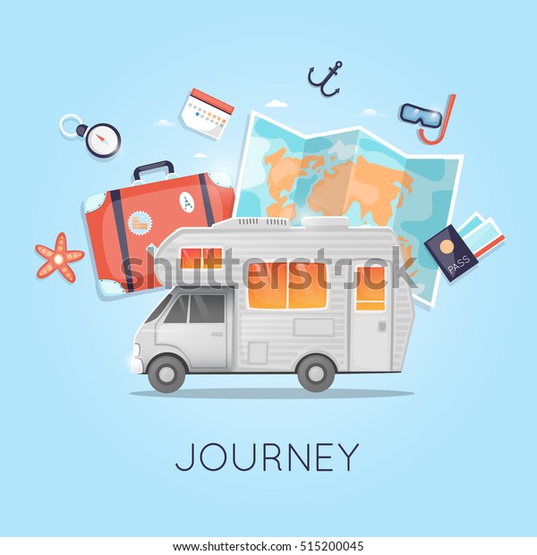 Travel by camper. World Travel. Planning\
summer vacations. Summer holiday. Tourism and vacation theme. Flat\
design vector\
illustration.