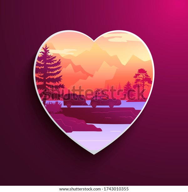 Travel by car banner, poster template in heart\
shape frame. Car tourism. Road trip around the world. Travelling by\
car with travel trailer and bike on the roof in the mountains. Time\
to travel
