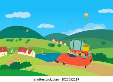 Travel by car concept. Young happy couple tripping outside, drive car by rural road to village community. Touring trip by vehicle. Cute fancy cartoon colordul landscape background. Vector illustration