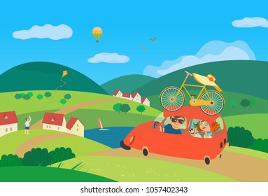 Travel by car concept. Young happy couple with dog drive car by rural road to village community for leisure activity. Touring vehicle trip. Cute fancy cartoon colordul background. Vector illustration