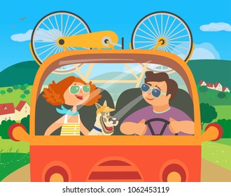 Travel by car concept. Young happy couple, dog tripping outside, drive car by rural road to village community. Summer vacation. Cute fancy cartoon colordul landscape background. Vector illustration