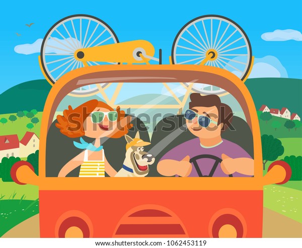 Travel by car concept. Young happy couple,\
dog tripping outside, drive car by rural road to village community.\
Summer vacation. Cute fancy cartoon colordul landscape background.\
Vector illustration