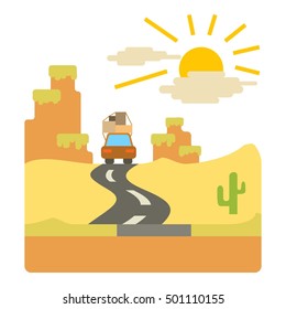 Travel by car in desert concept. Flat illustration of travel by car in desert vector concept for web