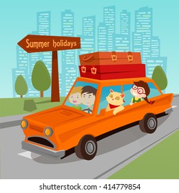 Travel by Car. Family Summer Holidays. Vector illustration