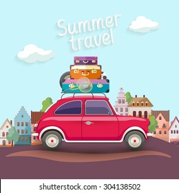 Travel By Car. Flat Design With Text 