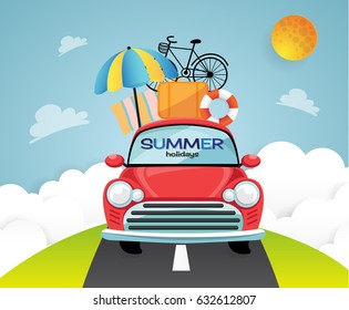 Travel by car. Flat design with Summer