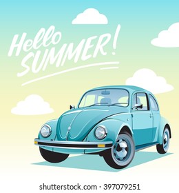 Travel by car. Hello summer vacation trip illustration. Retro Blue car on a sky gradient background. 