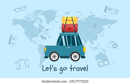 Travel by car and map concept. A car on the planet earth. Road trip concept. Vector illustration.