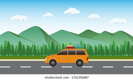 Travel by car with mountain background. World travel or tourism on summer holiday concept. Flat design vector illustration