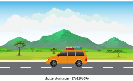 Travel by car with mountain background. World travel or tourism on summer holiday concept. Flat design vector illustration