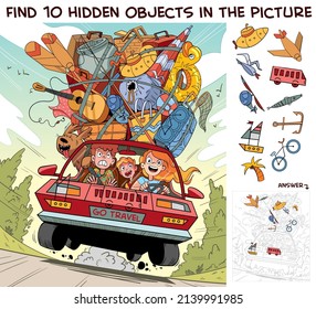 Travel By Car On Family Vacation. Find 10 Hidden Objects In The Picture. Puzzle Hidden Items. Funny Cartoon Character. Vector Illustration. Set