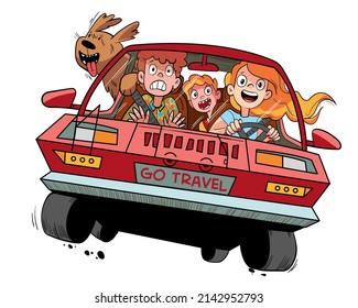 Travel by car on family vacation. Colorful cartoon characters. Funny vector illustration. Isolated on white background