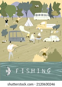 Travel by car. Outdoor recreation with fishing, barbecue, river, people in cute colors. Vector illustration with people in nature for banner, postcard, print, poster.