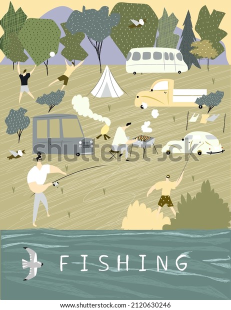 Travel by car. Outdoor
recreation with fishing, barbecue, river, people in cute colors.
Vector illustration with people in nature for banner, postcard,
print, poster.
