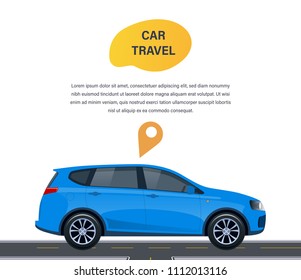 Travel by car, planning summer vacations. Trip on a hatchback car on a country road. Travel by car, drive along an asphalt, highways, road way location with bends, ascents, turns. Vector illustration.